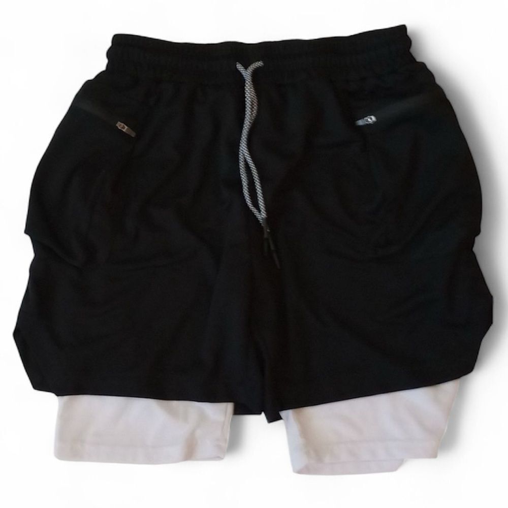 Mens small Athletic shorts double layered black white dual zipper pockets